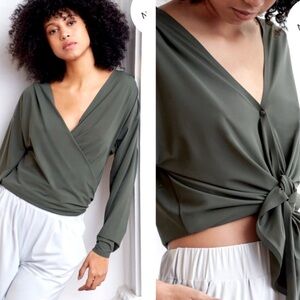 ADAY That's A Wrap Top In Moss Green Long Sleeve Multi Style Silk Like SZ XS